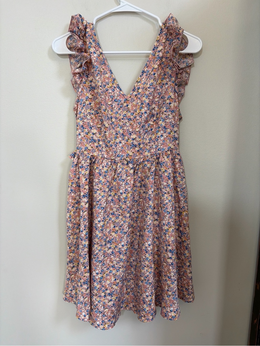 SHEIN Pink Multi Floral V-Neck Ruffle Midi Dress